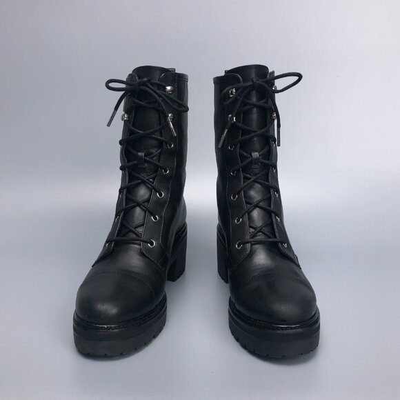 Michael Kors Anaka Black Leather Combat Platform Boots with Chrome MK - Picture 6 of 12
